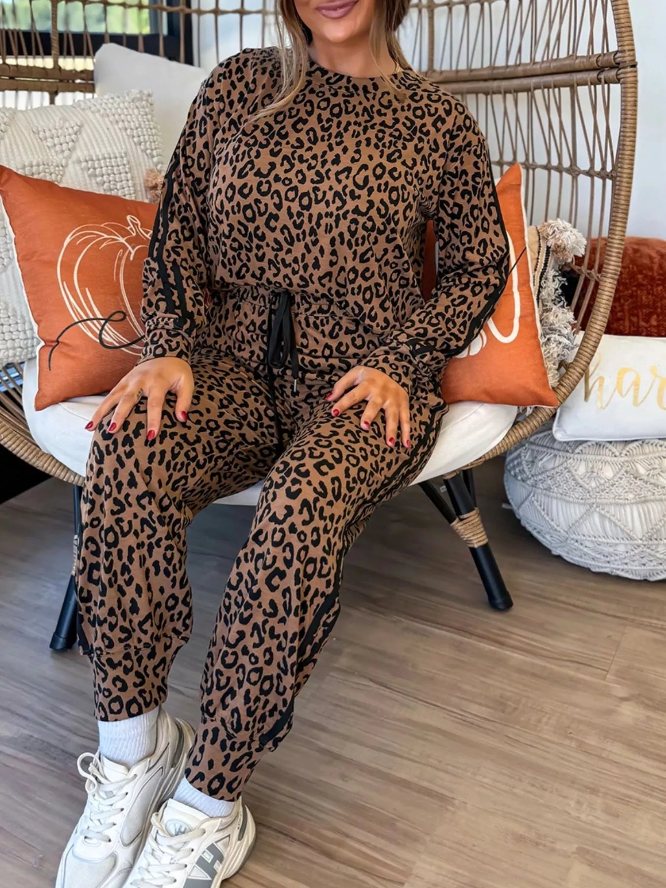 Striped Trim Leopard Long Sleeve Top Drawstring Pant Set -