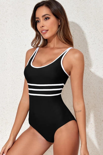 Contrast Trim Scoop Neck One-Piece Swimwear -