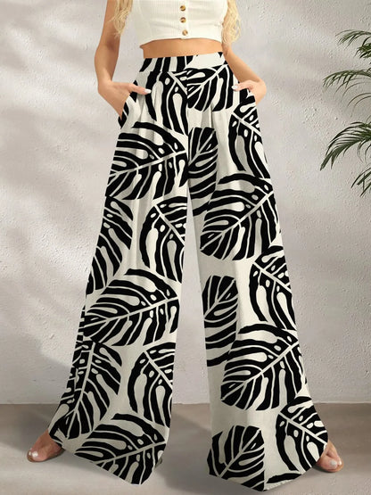 Printed Wide Leg Pants - Black