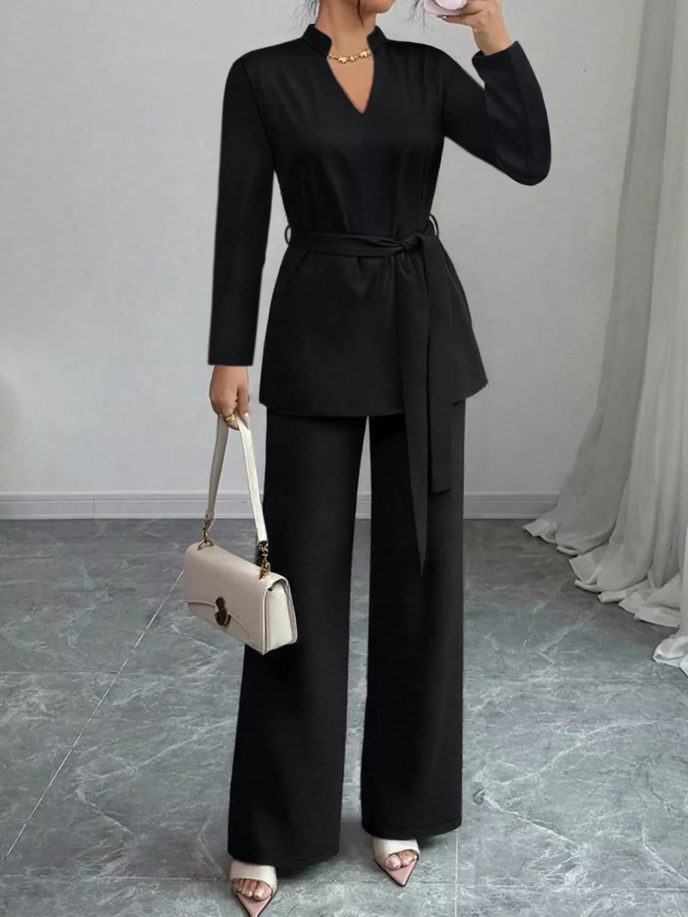 Tie-Waist Long Sleeve Top and Pants Set -