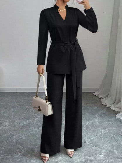 Tie-Waist Long Sleeve Top and Pants Set -