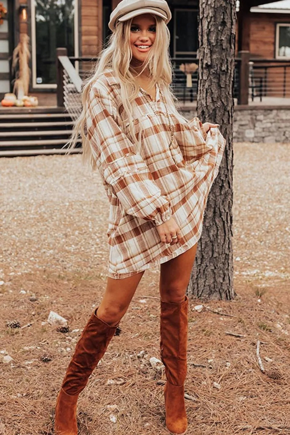 Plaid Collared Neck Long Sleeve Mini Shirt Dress -