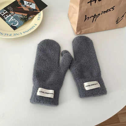Warm Plush Knitted Mitten Gloves - Gray One Size