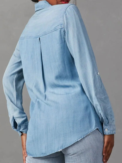 Collared Neck Roll-Tab Sleeve Denim Top -