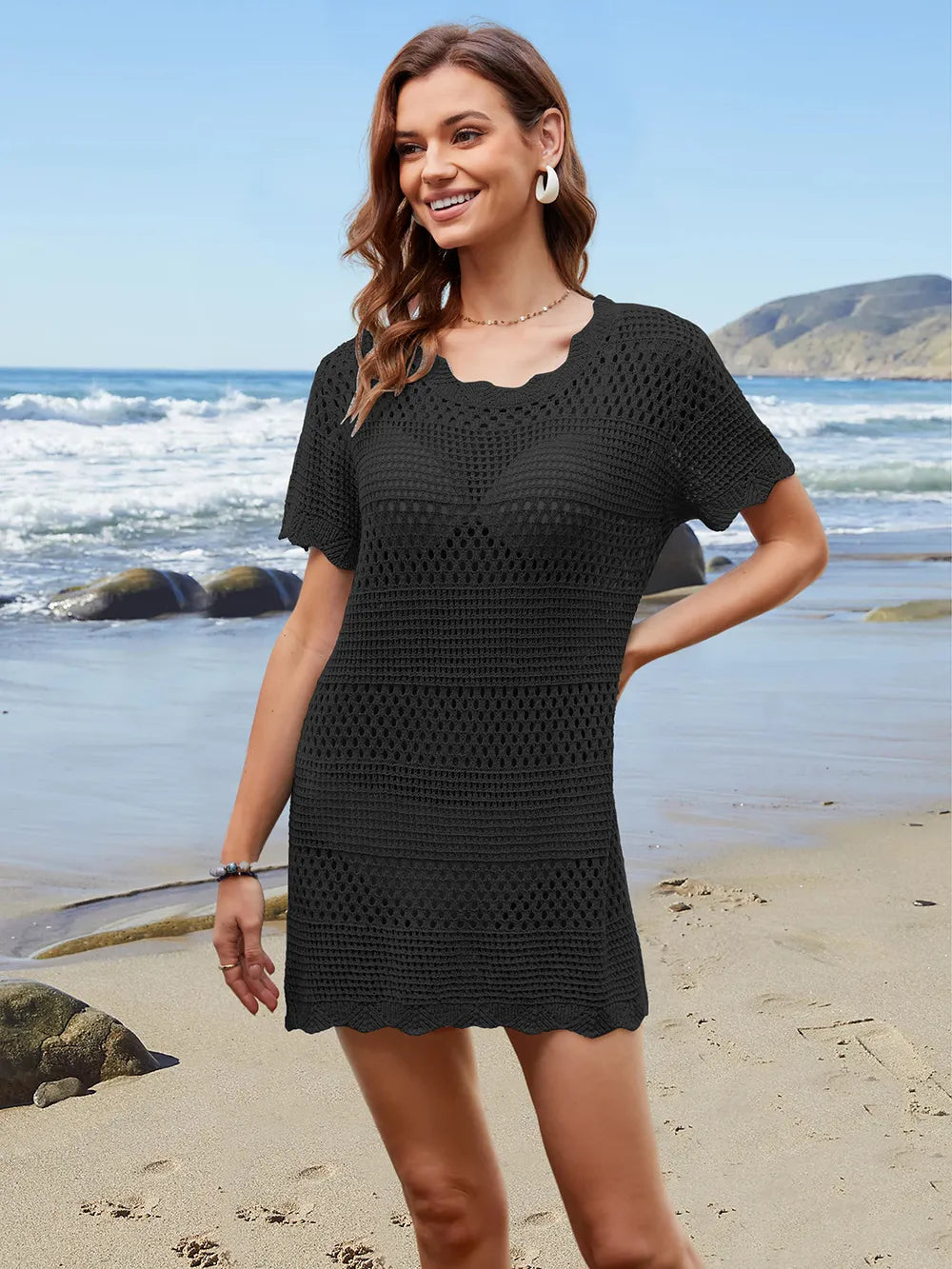 Openwork Round Neck Short Sleeve Cover-Up - Black