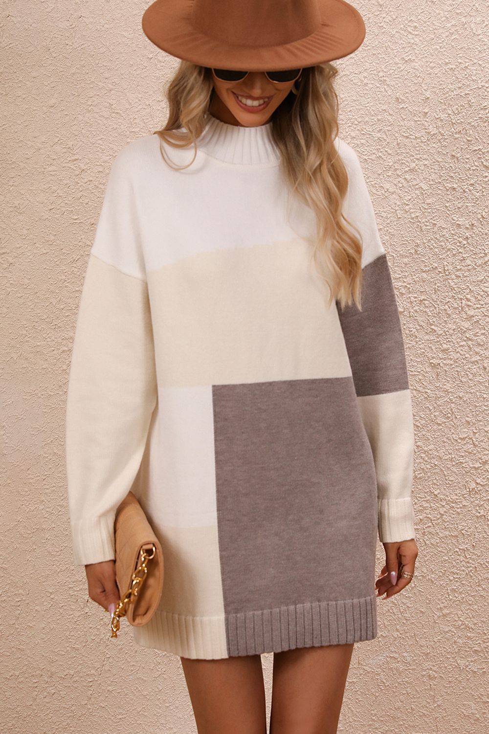 Color Block Mock Neck Dropped Shoulder Sweater Dress | AdoreStarr