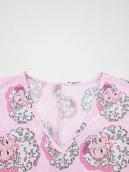 Santa Claus Print V-Neck Tee Drawstring Pants Lounge Set -