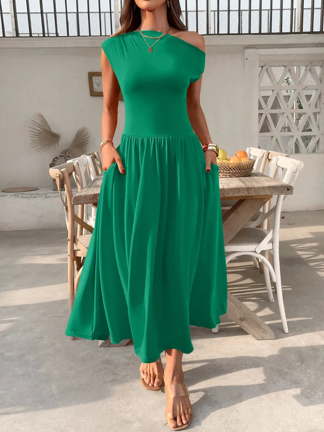 Single Shoulder Midi Dress - Green