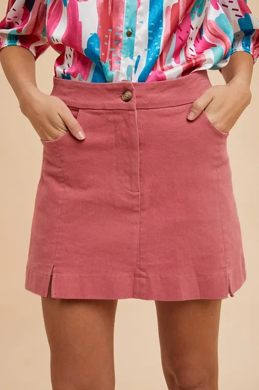 Comfort Stretch Cotton Slit Detailed Mini Skirt - Rose