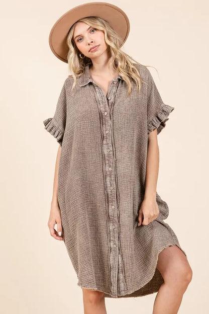 Mineral Wash Cotton Gauze Mini Shirt Dress -