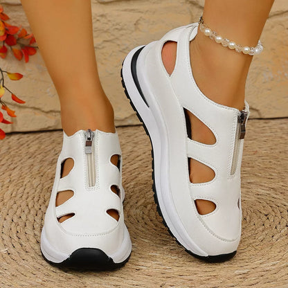 Cutout Zipper Wedge Sneakers - White