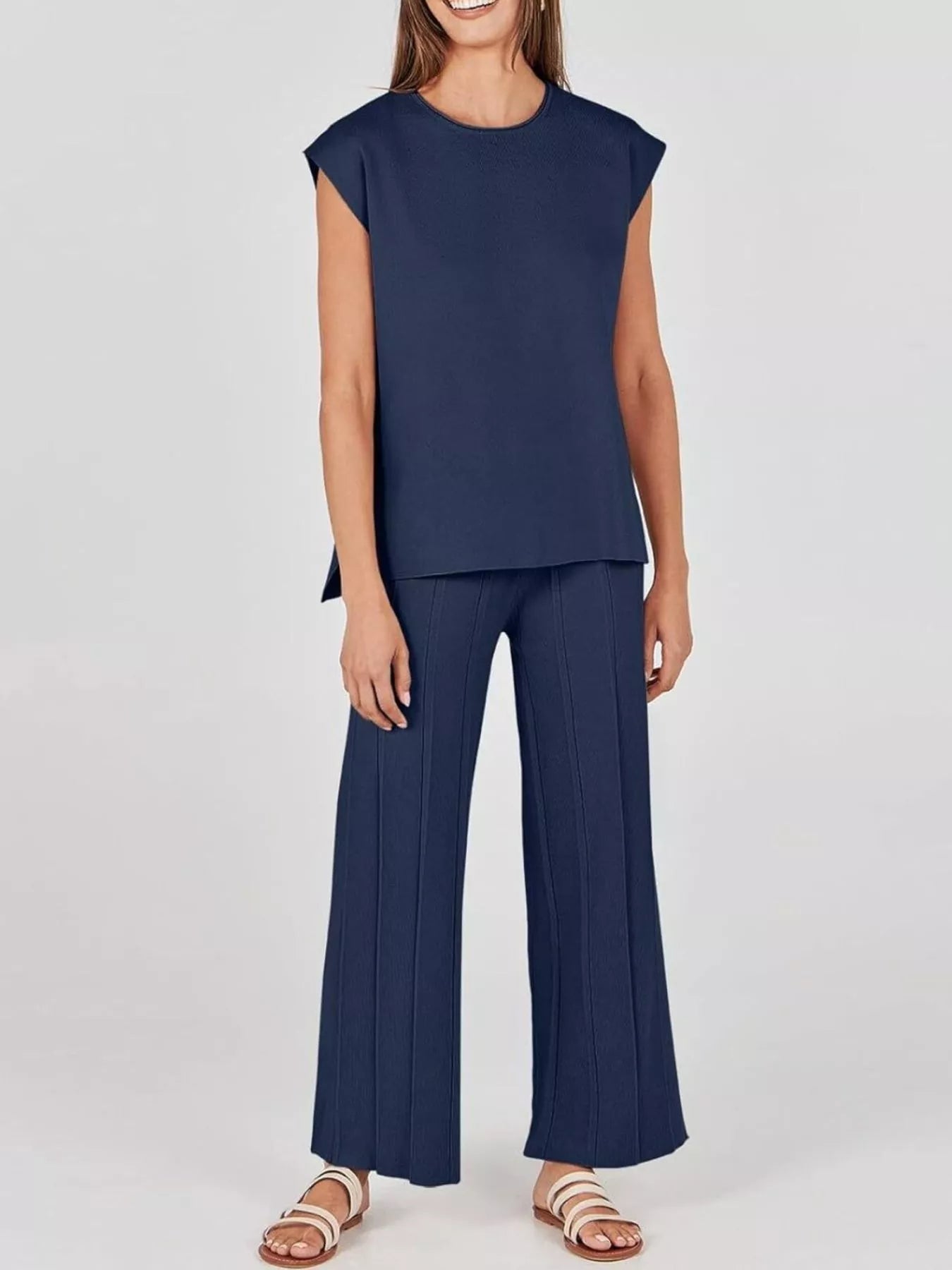 Casual Color Cap Sleeve Top and Pants Knit Set -