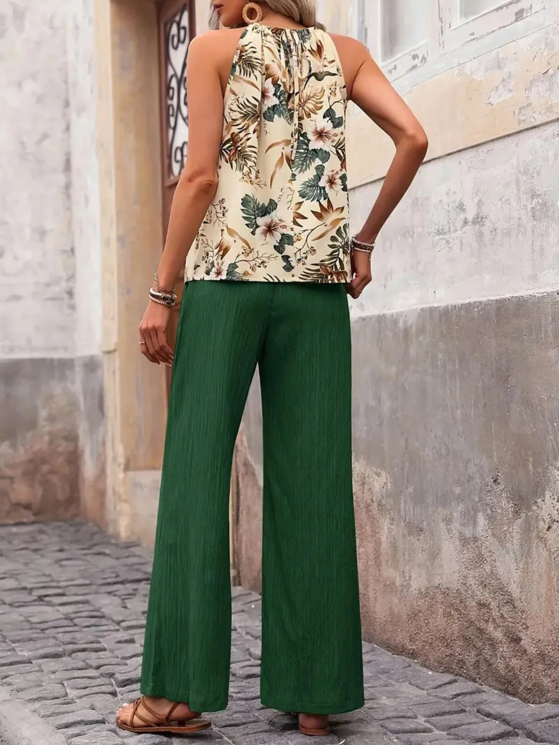 Printed Tank Top and Wide Leg Pants Set -