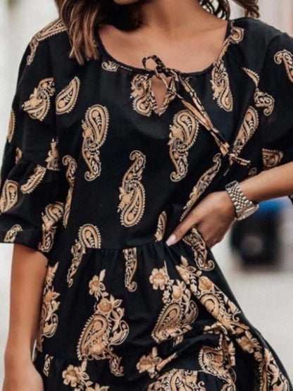 Paisley Print Tie Neck Half Sleeve Mini Dress -