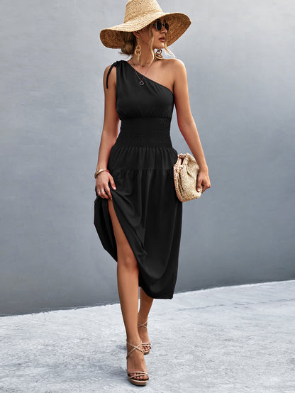 Asymmetrical One Shoulder Smocked Waist Midi Dress | AdoreStarr