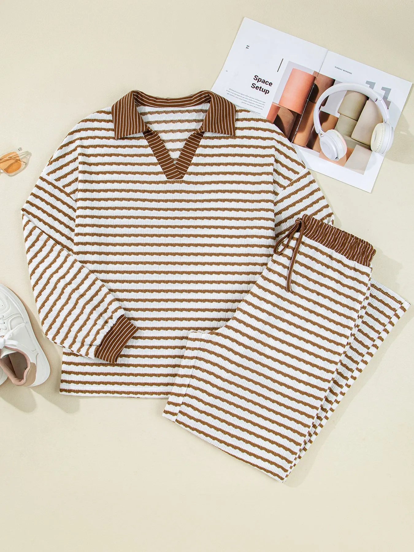 Stripe Collared Top and Drawstring Pant Set -