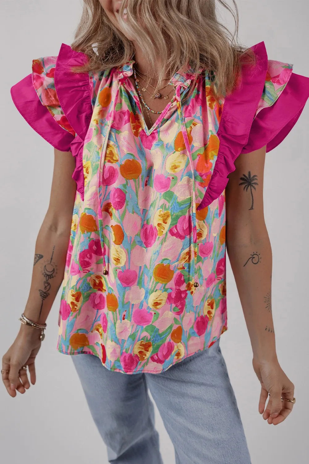 Floral Ruffle Layered Sleeve Blouse -