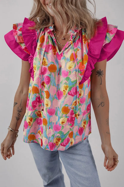 Floral Ruffle Layered Sleeve Blouse -