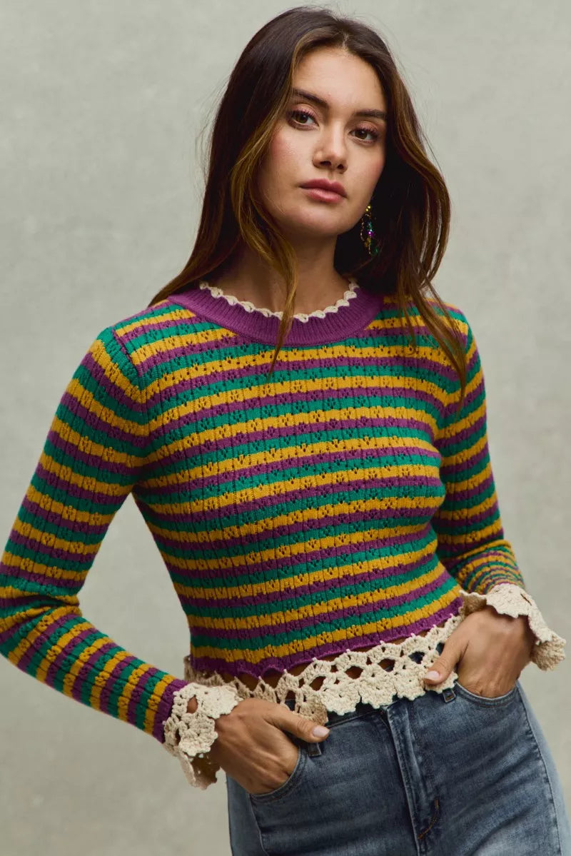Mardi Gras Striped Cropped Knit Top -