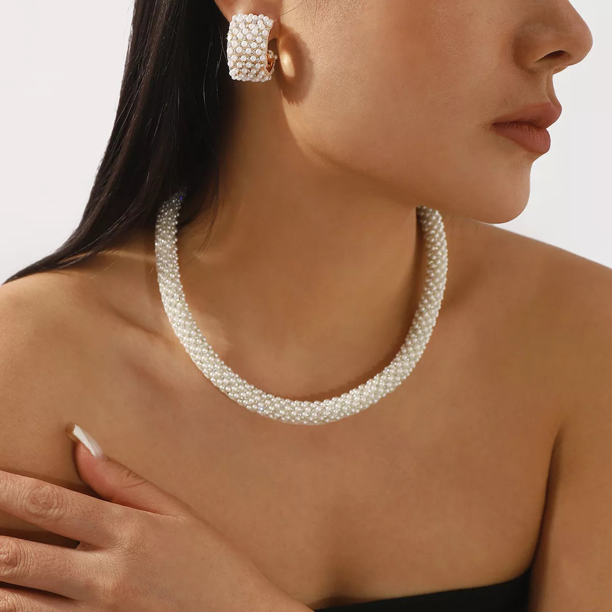 Pearl Embellished Earrings and Necklace Jewelry Set -