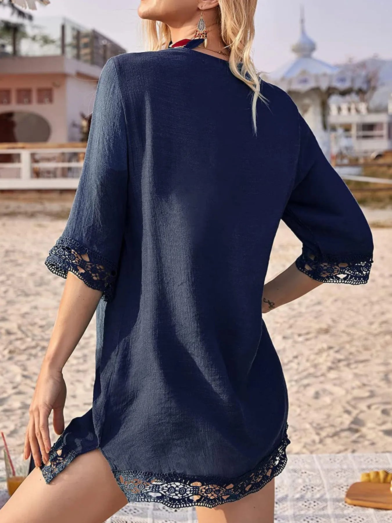 Lace Trim V-Neck Cover-Up - Dark Blue