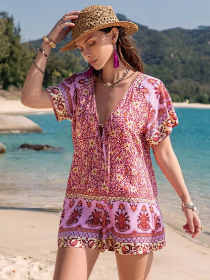 Printed V-Neck Short Sleeve Romper -