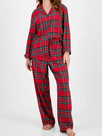 Plaid Collared Neck Button Up Top and Pants Lounge Set - Deep Red