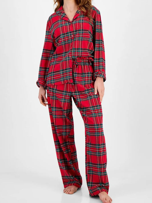 Plaid Collared Neck Button Up Top and Pants Lounge Set - Deep Red