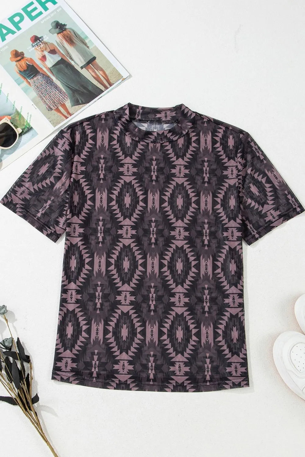 Aztec Print Mock Neck Mesh T-Shirt -