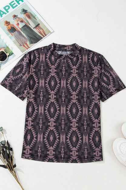 Aztec Print Mock Neck Mesh T-Shirt -
