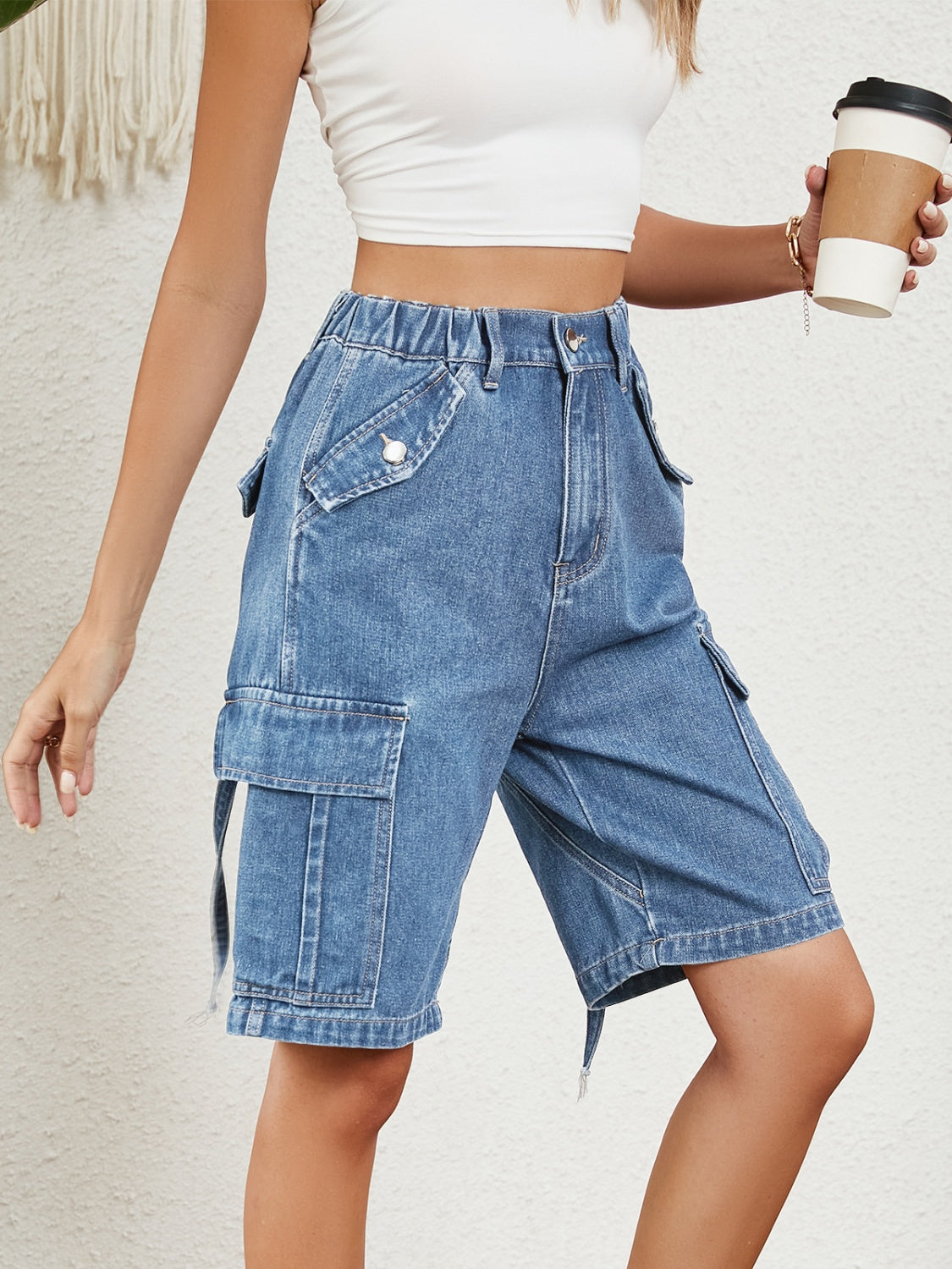 High Waist Denim Shorts with Pockets - Medium