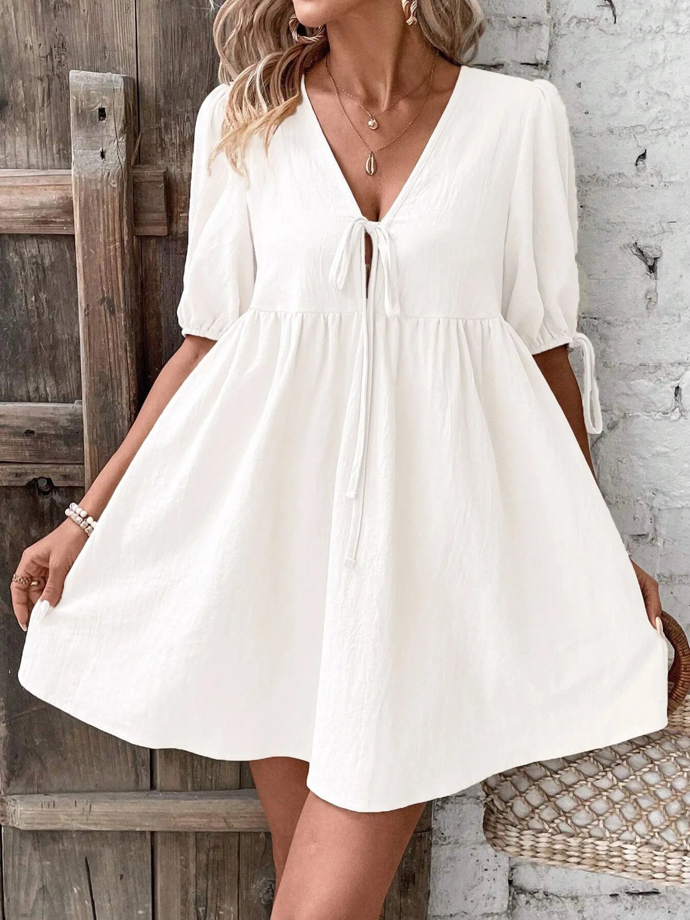 V-Neck Puff Sleeves Mini Dress -