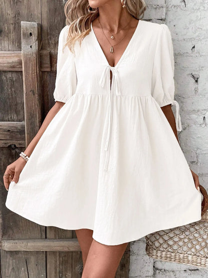 V-Neck Puff Sleeves Mini Dress -