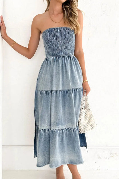 Smocked Tube Slit Tiered Denim Dress -