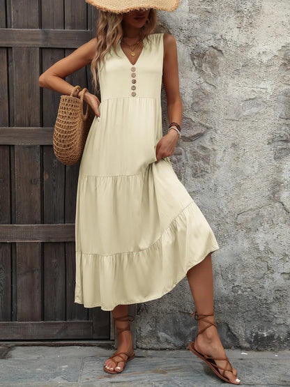 Decorative Button Notched Sleeveless Dress -