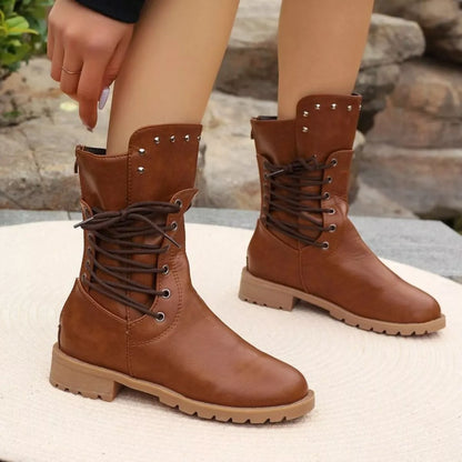 Studded Lace-Up Boots - Caramel