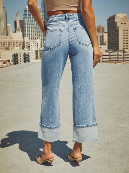 High Waisted Straight Leg Rolled Jeans -