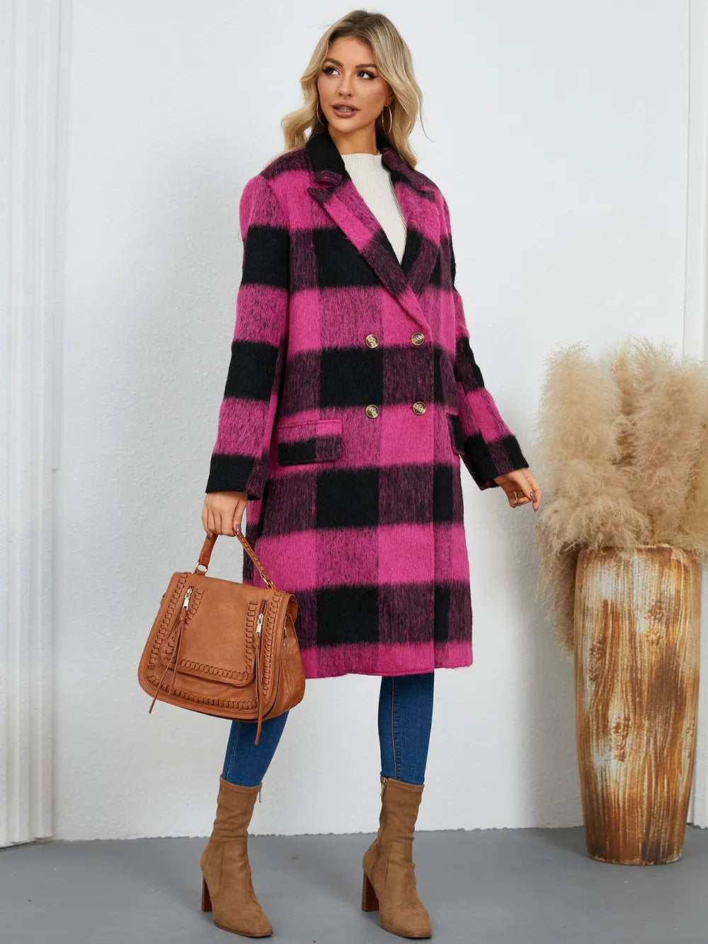 Plaid Double-Breasted Long Sleeve Coat - Hot Pink