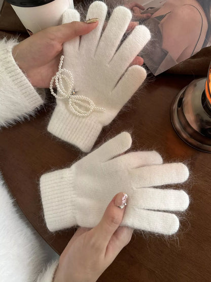 Pearl Embellished Knit Gloves -