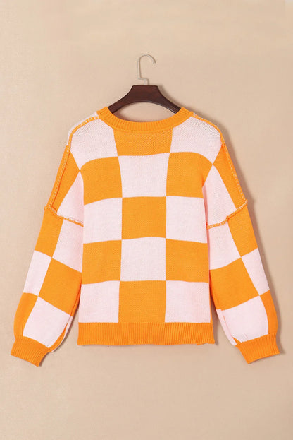 Pumpkin Checkered Round Neck Sweater -