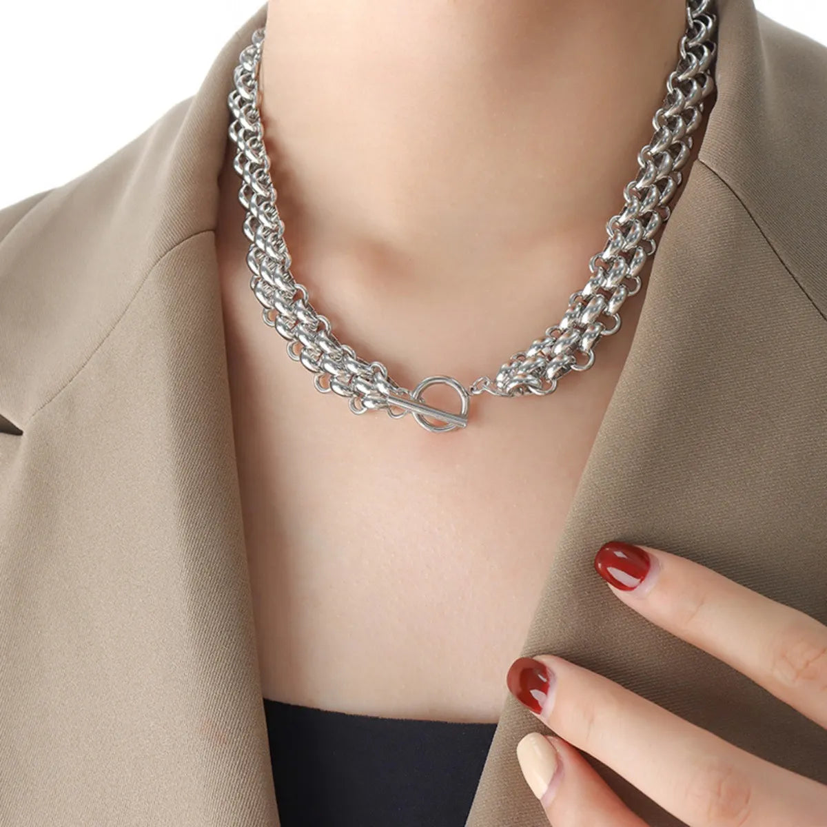 Gold Chain Link Jewelry Set with Necklace and Bracelet - Silver One Size
