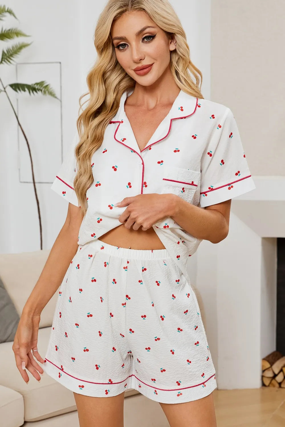 Cherry Print Collared Neck Top and Shorts Lounge Set - White