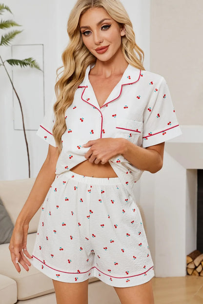 Cherry Print Collared Neck Top and Shorts Lounge Set - White