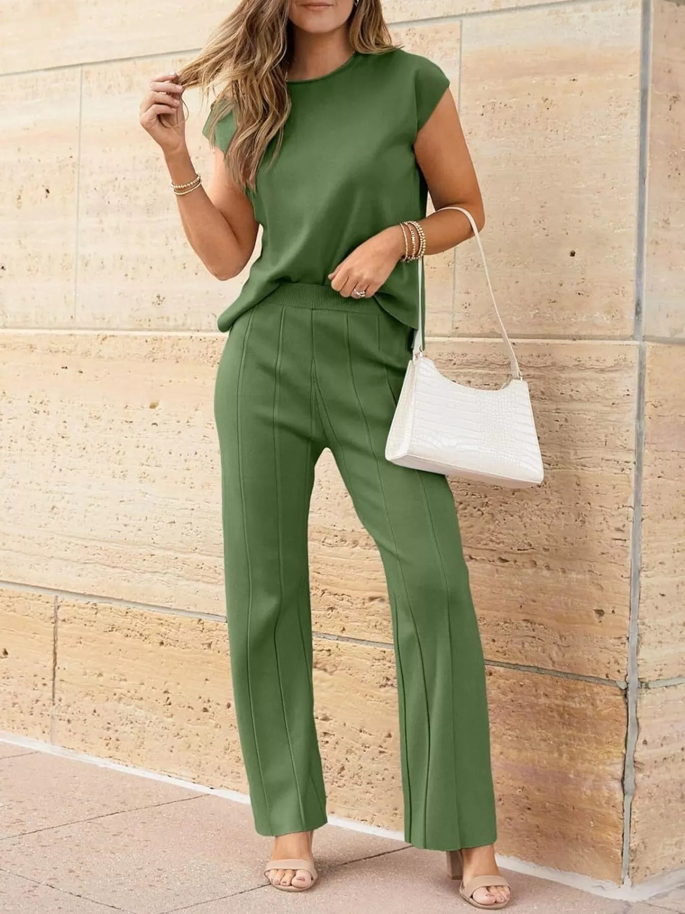 Casual Color Cap Sleeve Top and Pants Knit Set - Grass Green