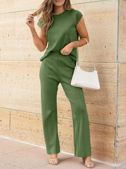 Casual Color Cap Sleeve Top and Pants Knit Set - Grass Green