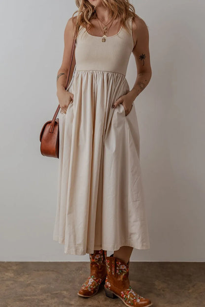 Scoop Neck Ribbed Bodice Midi Tank Dress -