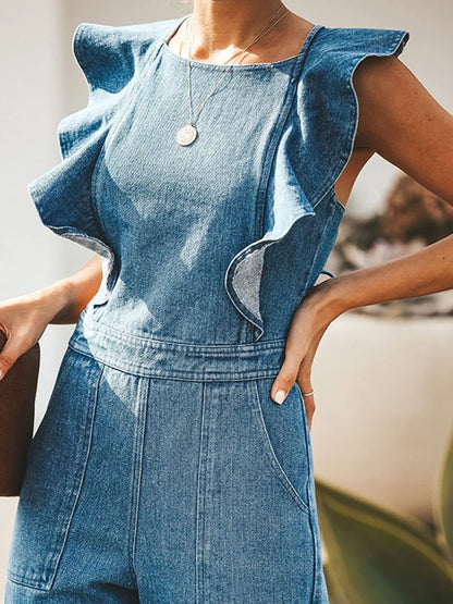 Ruffled Backless Sleeveless Denim Jumpsuit -
