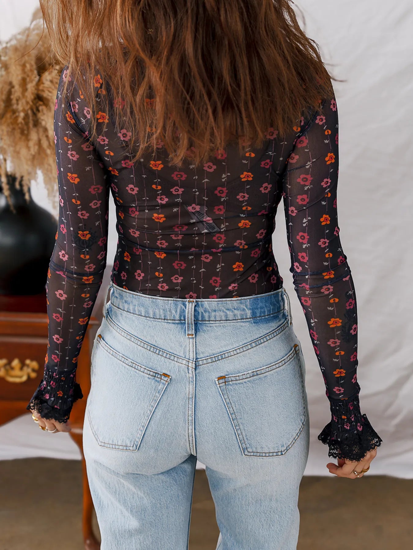 Floral Print Slim Fit Mesh Bodysuit -