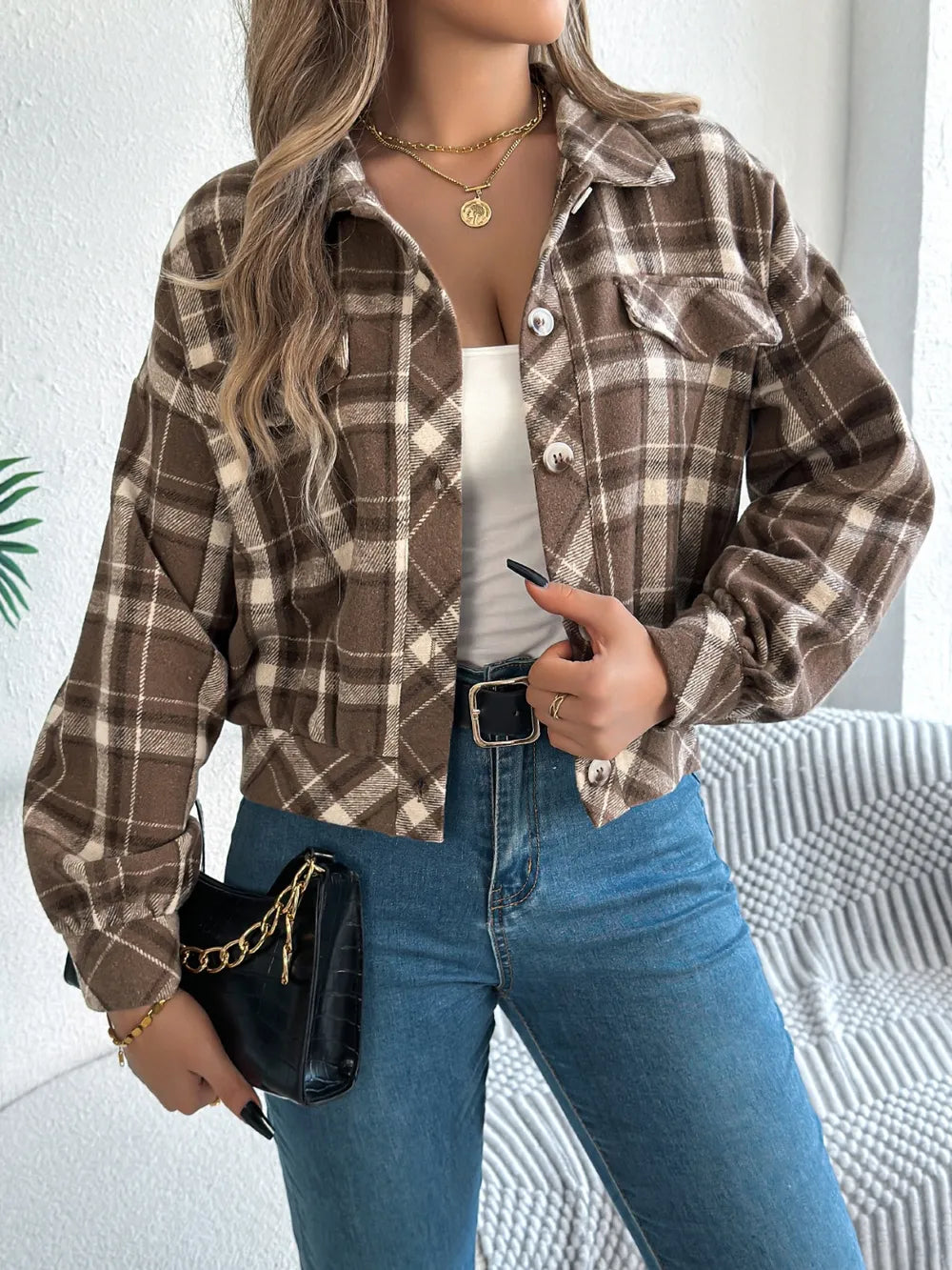 Plaid Button Up Long Sleeve Jacket - Taupe