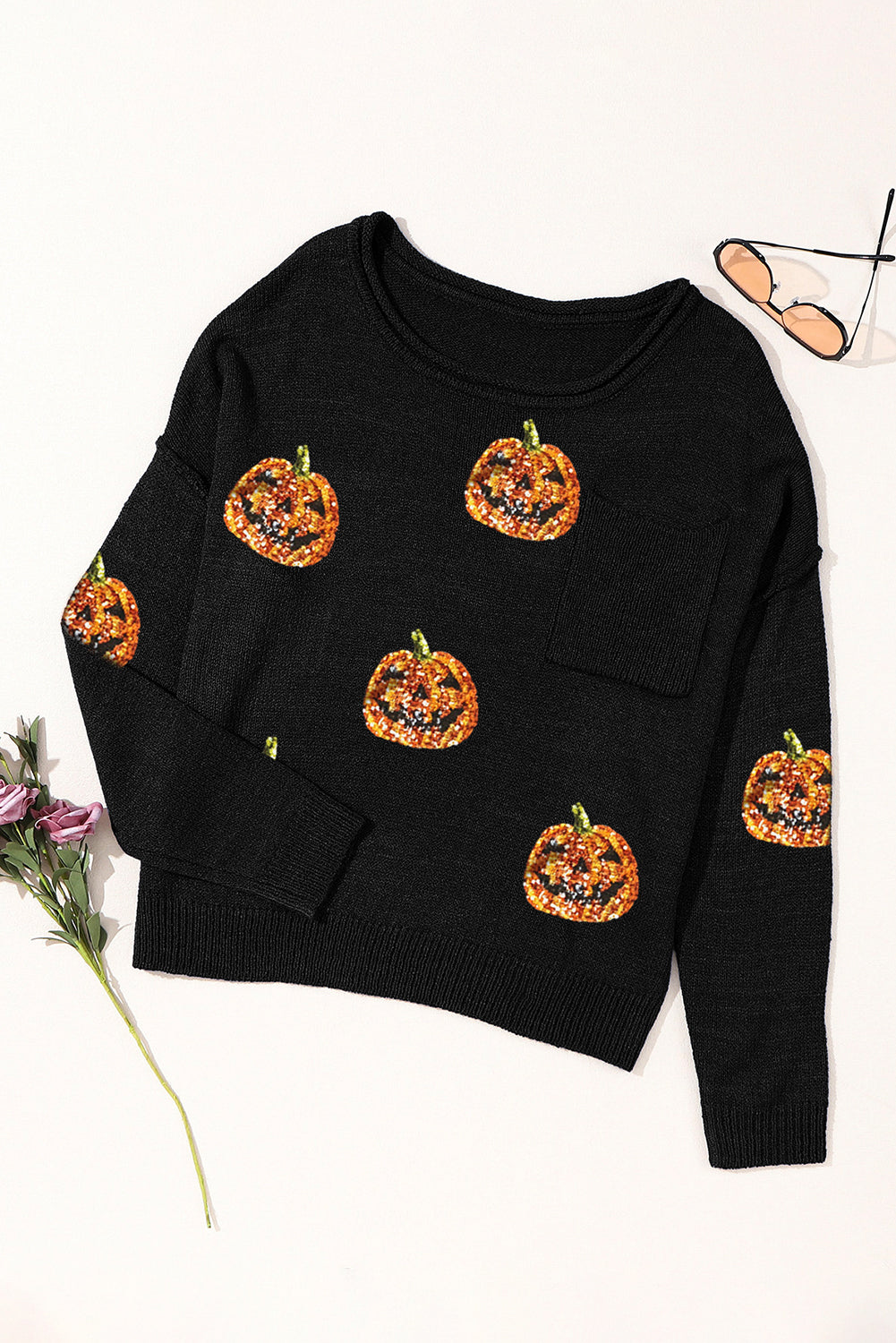 Pumpkin Round Neck Long Sleeve Knit Top - Black